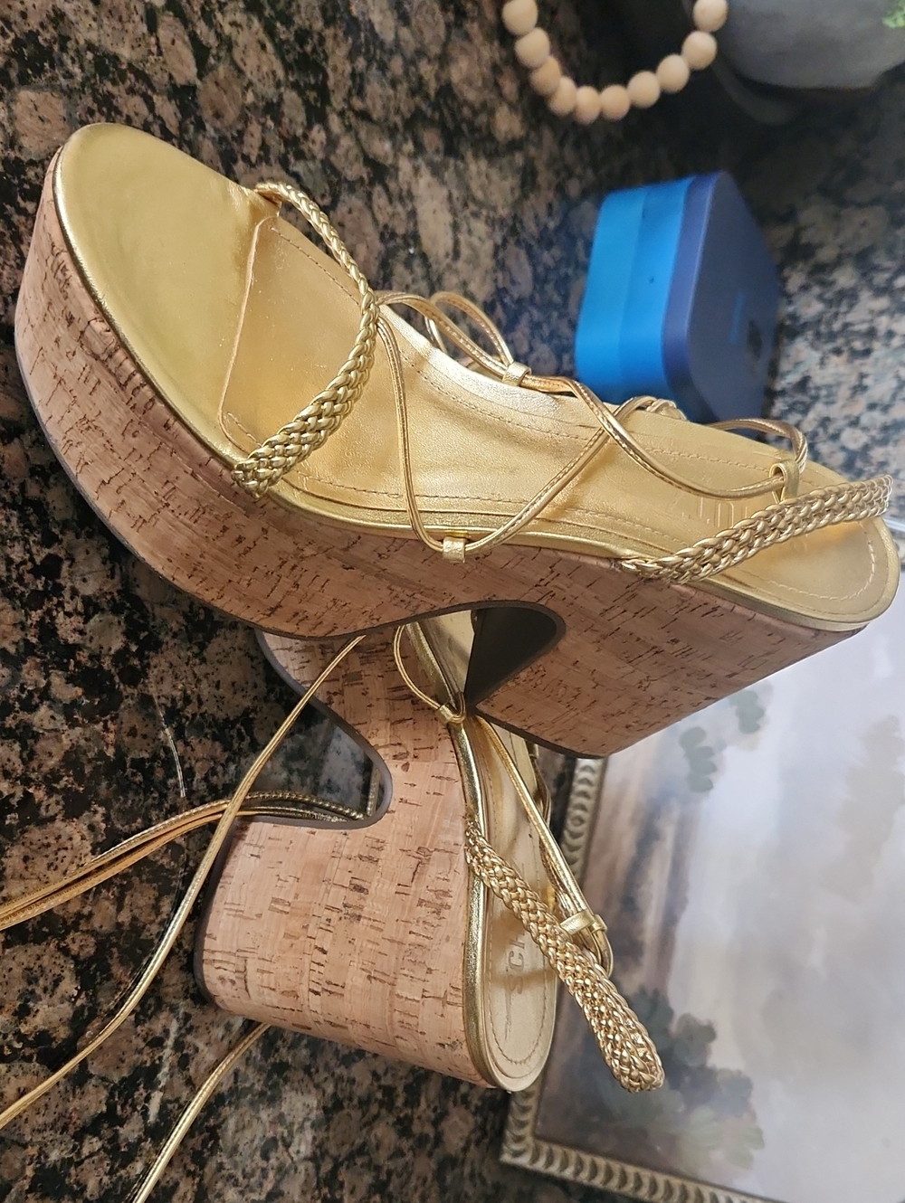 SCHUTZ Women’s Size 8 Gold Maxima Strappy Lace Up Platform Heels
